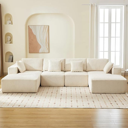 Cloud Boneless Couch 137" Modern Sectional U-Shaped Comfy No Assembly Required Convertible Compression Sleeper Modular Sofa with Corduroy Fabric Deep Seat Single + Chaise for Living Room