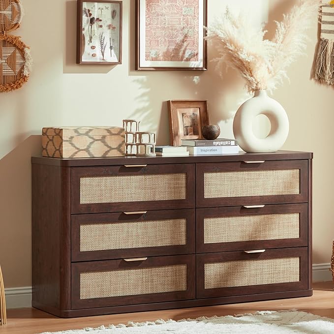LEYAOYAO Rattan 6 Drawer Dresser for Bedroom, 54" Wide Boho Chest of Drawers, Wooden Dressers TV Stand with Metal Handle, Storage Closet Organizer for Living Room, Hallway, Walnut - Image 6