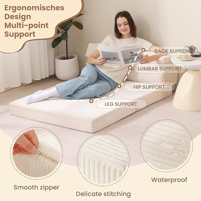 Folding Sofa Bed, Convertible Sleeper Chair with Pilow Foldable Matress, 2 in 1 Pull Out Loveseat Sofa Portable Fold Out Chair Bed Floor Couch Lounge for Living Room (Beige, Queen-61Inch)