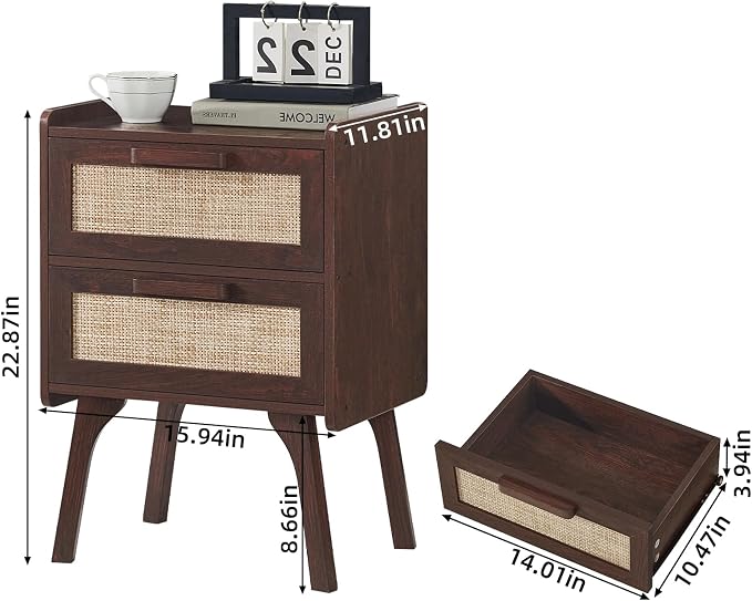 Lerliuo Rattan Night Stand, Boho 2 Drawers Nightstands, Walnut Bed Side End Tables with Solid Wood Legs, Bedside Table for Bedroom, Dorm and Small Spaces - Image 3