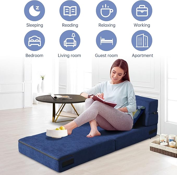 Folding Sofa Bed with Pillow Memory Foam Convertible Sleeper Chair Bed Couch Futon Lazy for Living Room Home Office Guest Beds Apartment Upstairs Loft, Single Size, Dark Blue