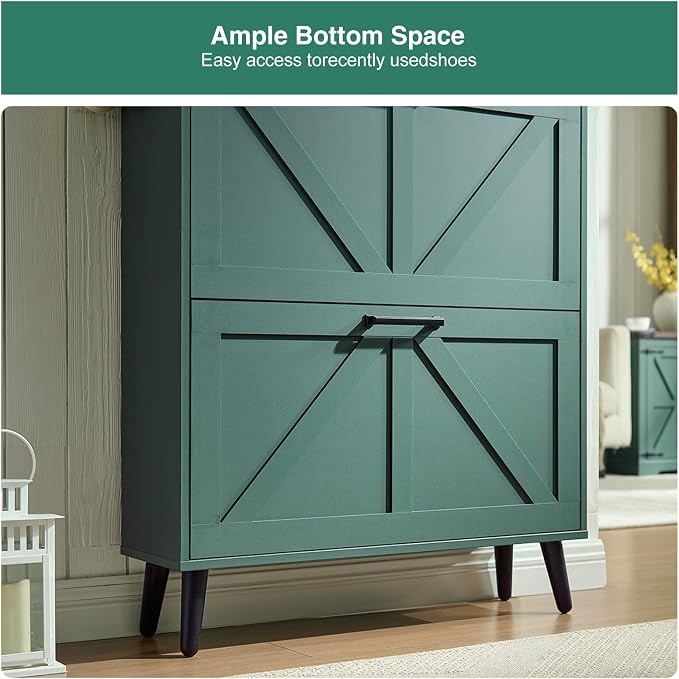 Barnyatoh Shoe Storage Cabinet,Farmhouse Shoe Organizer with 2 Flip Drawers & Barn Door Design,Freestanding Hidden Slim Narrow Shoe Rack Cabinet with Open Storage for Entryway, Foyer,Hallway,Green - Image 4
