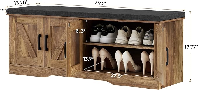 HOMSHO 2-Tier Storage Bench, 47.2" Wide Shoe Bench with Padded Seat Cushion, Entryway Bench with 4 Barn Doors and Adjustable Shelf, Rustic Walnut - Image 3