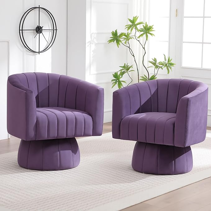 Swivel Accent Barrel Chair, Cute Comfy Small Round 360° Arm Chair. Velvet Club Reading Chair for Living Room, Bedroom, Office Purple