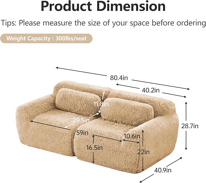 80.4-Inch Boneless Love Seat Couches in a Box, Modern 2 Seat Floor Modular Foam Cloud Sofa Faux Fur Loveseat Couch W/Angle Armrests for Home Apartments Bedroom