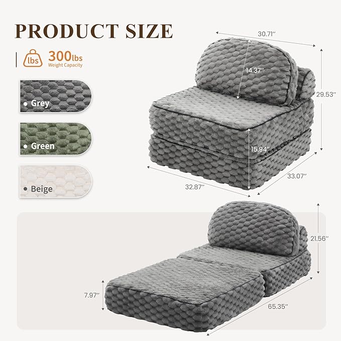 COLAMY Folding Sofa Bed, 3-in-1 Convertible Sleeper Chairs with Pillow,Back Support, Fuzzy Fabric Floor Couch Bed for Adults, Boneless Couches Living Room, Bedroom, Apartment, Grey