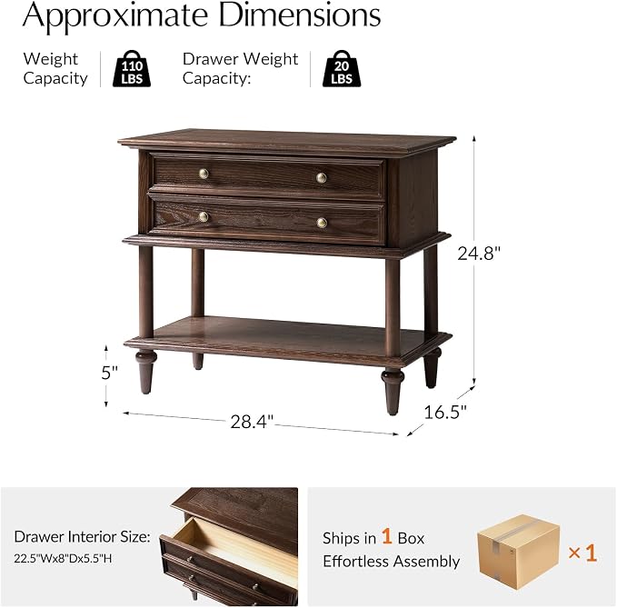 HULALA HOME Farmhouse Nightstand with Drawer & Open Shelf, Natural Wood End Table with Solid Wood Legs, 28.4'' Wide Sofa Side Table with Charging Station(Walnut) - Image 2