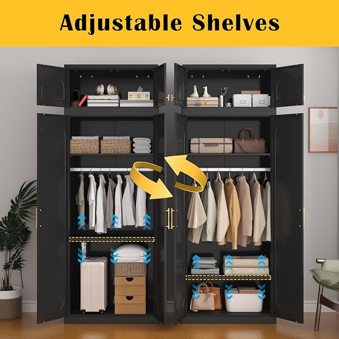 SteeLoong 86" Metal Armoire Wardrobe Closet with Doors,Tall Clothing Storage Cabinet with Adjustable Shelves and Hanging Rod,Black Wardrobe Closet for Bedroom,Home,Office,Gym