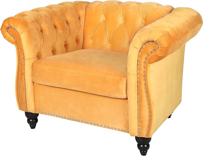 LEVNARY Velvet Chesterfield Armchair, Modern Sofa Chair with Button Tufted Backrest, Tufted Upholstered Rolled Chair for Home Reading Room (Yellow)