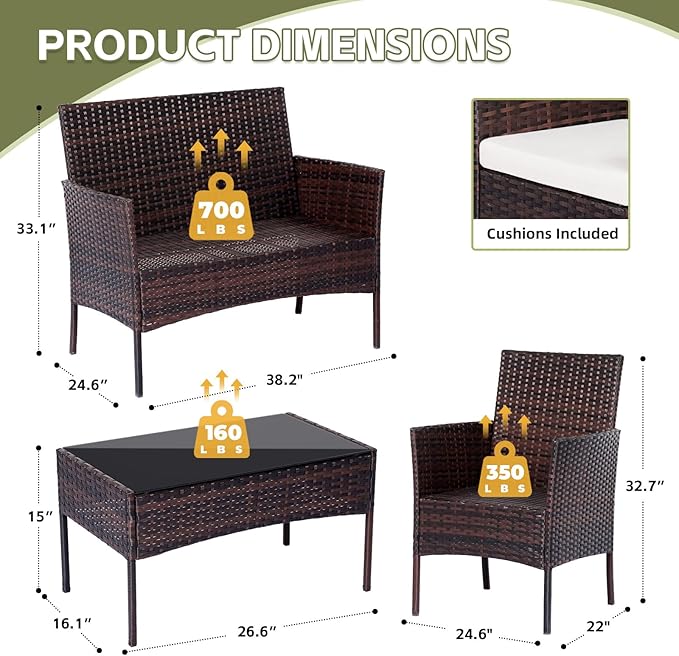 Patio Furniture Set 4 Pieces, Outdoor Rattan Furniture with Tempered Glass Coffee Table, Modern Rattan Patio Chairs Conversation Sets with Sofa for Garden, Terrace, Porch, Lawns Brown/Beige