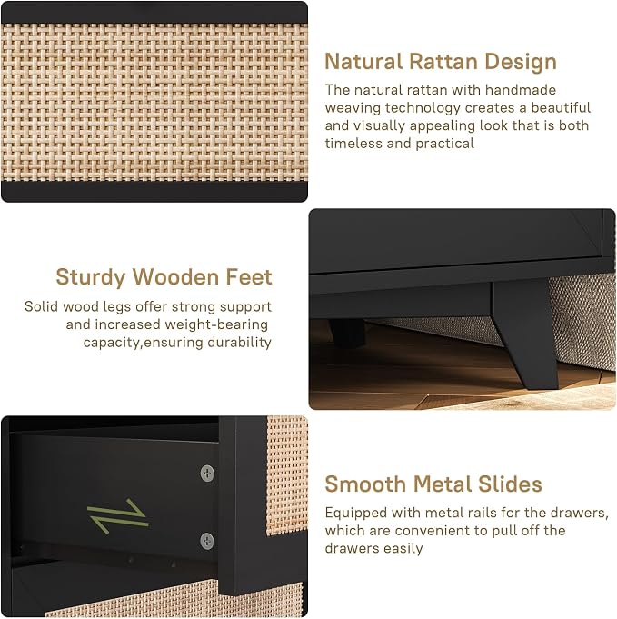 AOGLLATI Rattan Nightstand with Charging Station, Night Stand with 3 Drawers and 2 USB Ports and 2 AC Outlets, Rattan Black Bedside Table with Metal Handle, Wood Boho End Table for Bedroom - Image 6