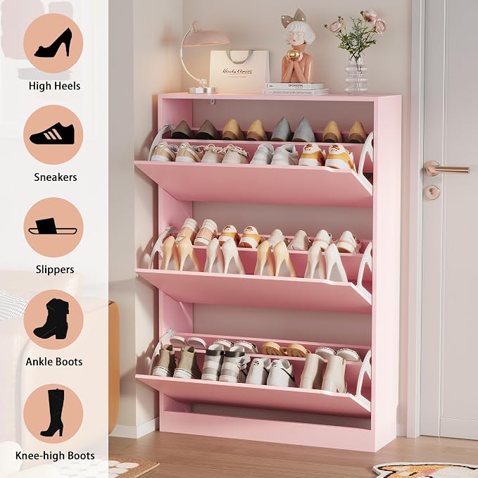 Shoe Storage Cabinet, Wood Shoe Organizer for Entryway with 3 Flip Drawers, Freestanding Shoe Rack with Adjustable Shelf, Narrow Shoe Dresser for Front Door Entrance(Pink, 47.2" x 31.5" x 9.25") - Image 7