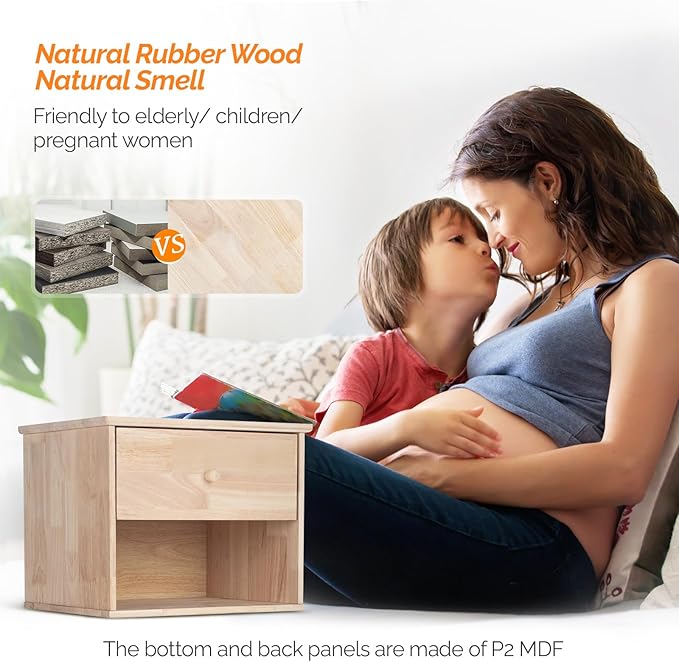 VINGLI Unfinished Natural Solid Wood Floating Nightstand for Bedroom Set of 2, Small Nightstand with Drawer & Open Shelf, Farmhouse Night Stand Wall-Mounted Bedside Table for Small Space Color DIY - Image 5