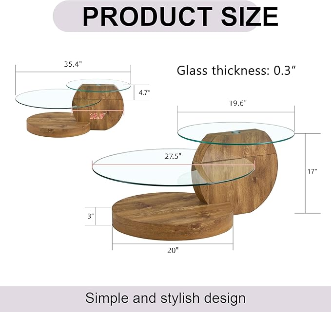 35.4" Glass Coffee Table, Small Round Coffee Table, 2-Tier Tempered Glass Tabletop with Wooden Base, Modern Center Table for Living Room, Home, Apartment, Ideal for Small Space
