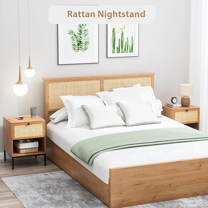Yechen Set of 2 Rattan Nightstands with Drawer & Open Shelf, Boho Bedside Table with Natural Cane, Wood End Table with Metal Legs for Bedroom, Small Spaces, Brown - Image 2