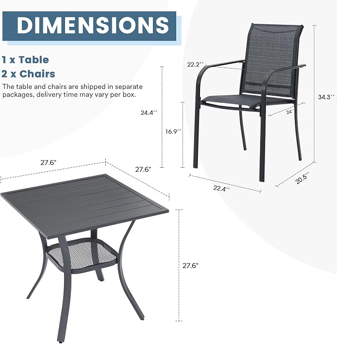DIFY 3-Piece Outdoor Patio Bistro Dining Set, Grey Small Square Dining Table & 2 Grey Stackable Metal Chairs with Breathable Fabric, Outdoor Furniture Set for Balcony, Porch, and Deck - Image 2