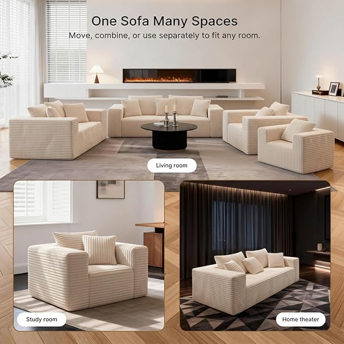 2-Seater Deep-Seat Corduroy Lounge Sleeper Sofa, No Assembly Frameless Foam Cloud Couch, Comfy Plush Double Seater for Living Room Bedroom Apartment Dorm Office (Beige)