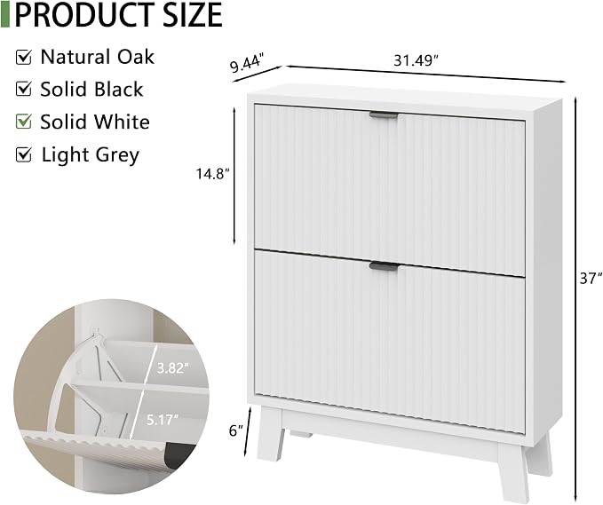 Xixini Shoe Cabinet with 2 Flip Drawers, 37" Tall Narrow Fluted Shoe Storage Organizer for Entryway, Hidden Slim Wooden Shoe Rack Cabinet for Front Door Entrance, Hallway, Living Room, Solid White - Image 2