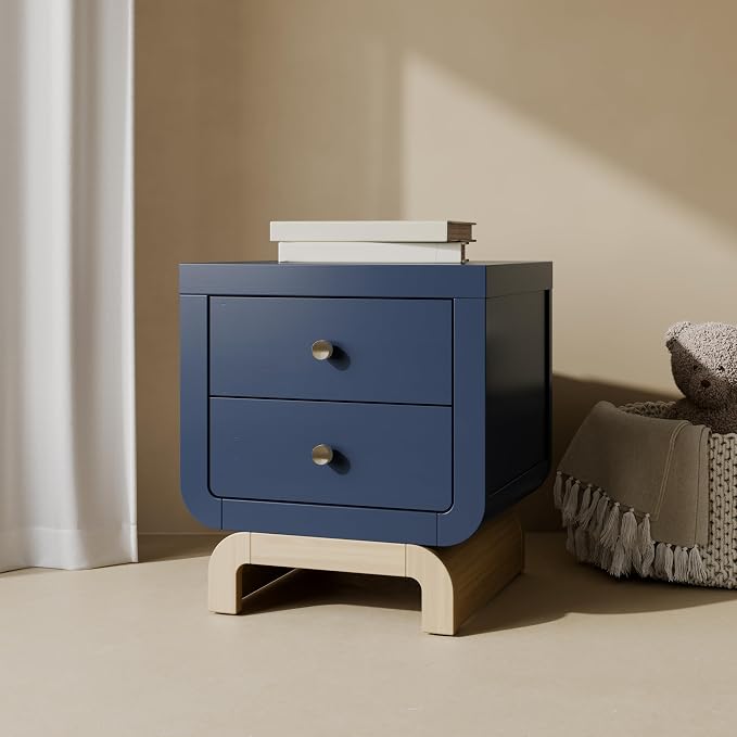 Storkcraft Santorini 2 Drawer Nightstand (Midnight Blue & Driftwood) - GREENGUARD Gold Certified Nightstand for Kids Bedroom, Premium Wood with Curved Base, “Champagne” Metal Knobs - Image 2