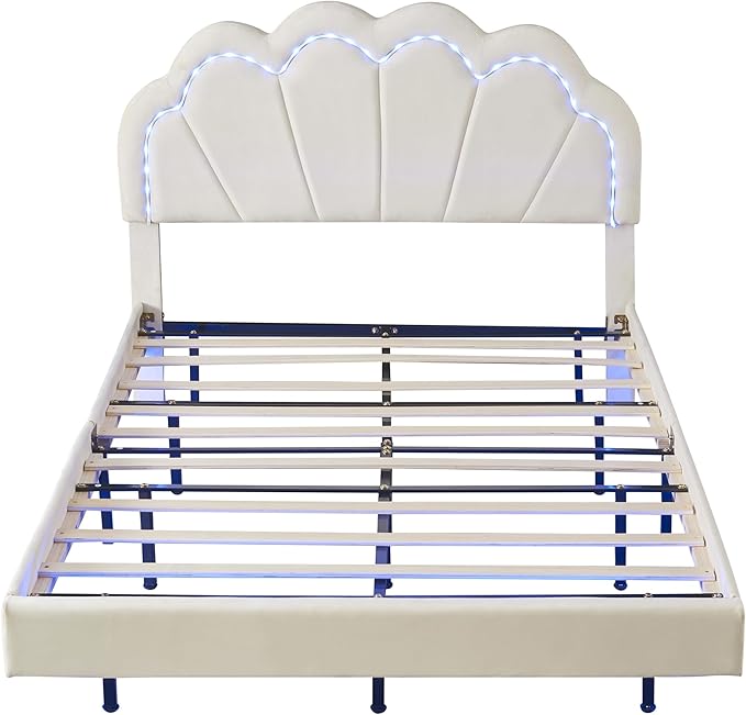 2-Pieces Bedroom Sets,Full Size Upholstered Led Platform Bed with Storage Ottoman,Easy to Assemble,No Box Spring Needed (Beige-4)