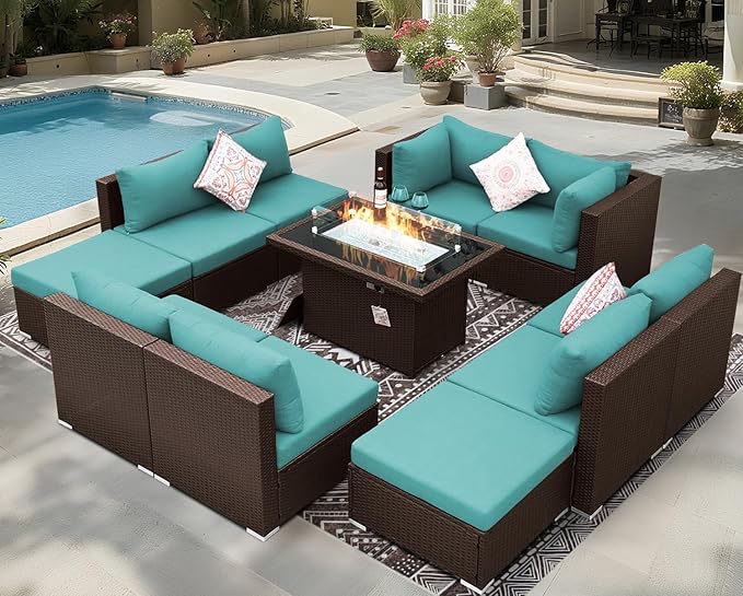 BULEXYARD 11 Piece High Back Outdoor Furniture Set with Firepit, Cozy Patio Conversation Set with Ottoman Modular, Extra Wide Deep 10-Seats Sectional Couch Sofa for Yard, Brown Rattan & Teal Cushion