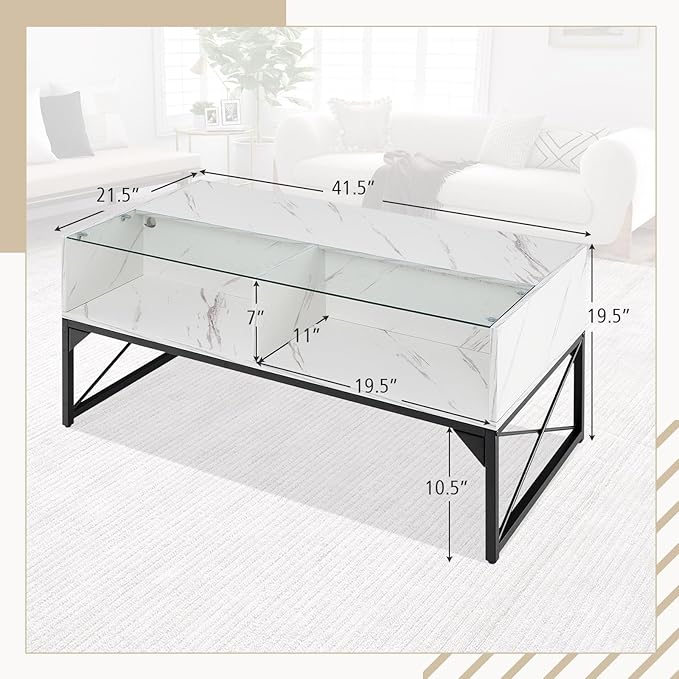 Giantex LED Coffee Table, High Gloss Coffee Tables with 4 Storage Cubes, 20-Color Lights, Remote Control, Faux Marble & Tempered Glass Top, Modern Accent Rectangle Center Table for Living Room (White)