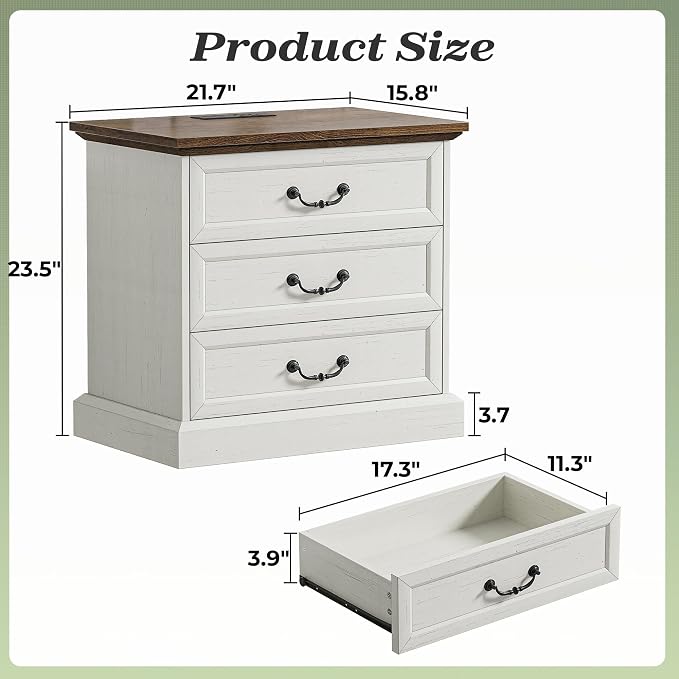 Huuger Nightstand with Charging Station, 3 Drawer Night Stand Set of 2, 22 Inch Wider Side Table with Storage, Farmhouse Nightstand with Vintage Handles, Thicken Base, for Bedroom, Distressed White - Image 2