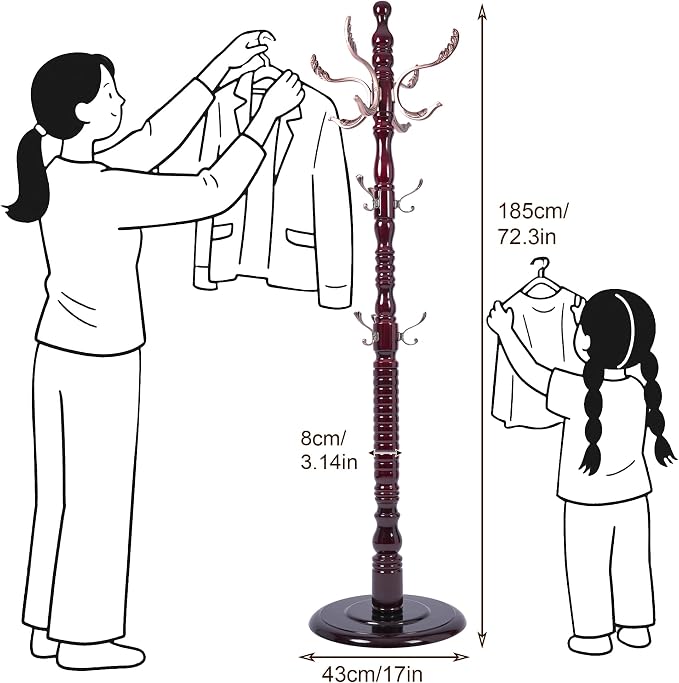 73'' Vintage Coat Racks Freestanding with 20 Metal Hooks, Solid Wood Coat Rack Hanger Stand with 3 Adjustable Size, Heavy Duty Coat Rack Tree for Entryway, Bedroom, Hallway, Office, Apartment - Image 2