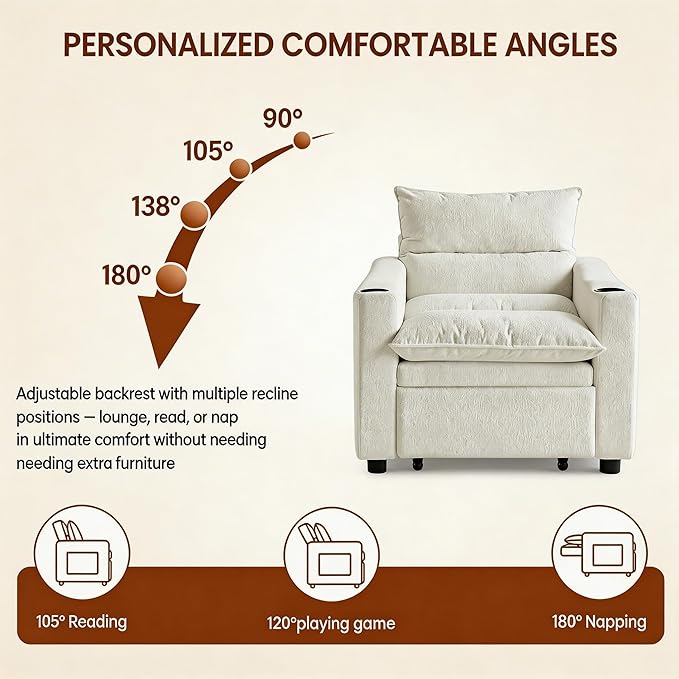 Casaphoria Convertible Sleeper Chair 66.54" Futon Sofa Bed Single Sleeper Sofa Small Couch Bed with Adjustable Backrest for College Dorm Bedroom Studio Apartment