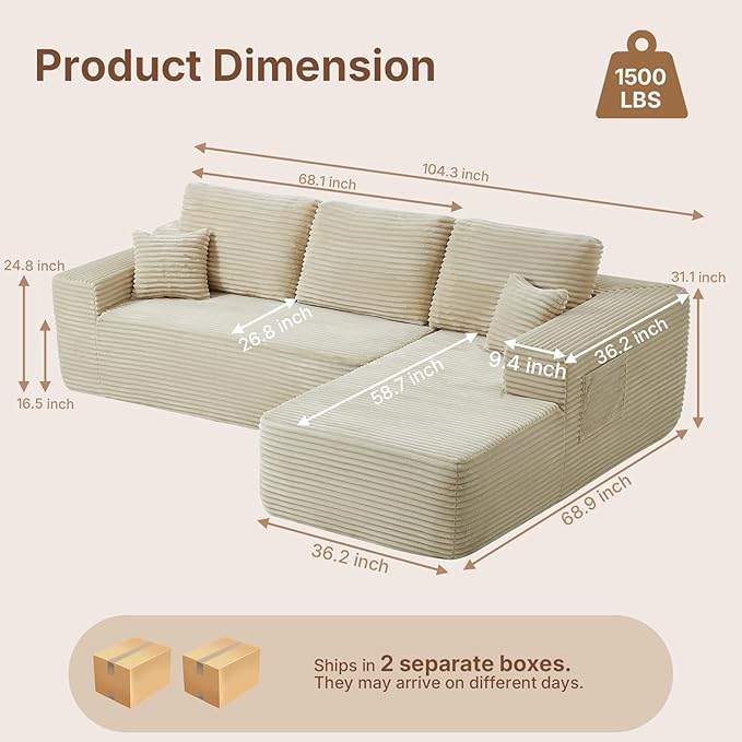 104 inch Boneless L-Shaped Sectional Sofa with Throw Pillow & Side Pockets- No Assembly Compressed Modular Couch, Memory Foam, Deep Seat for Living Room, Bedroom, Apartment White Right