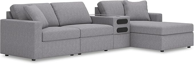 Signature Design by Ashley Modern Modmax Stain Resistant L-Shape Right-Arm Facing 4-Piece Sectional with Chaise and Audio Console, Gray