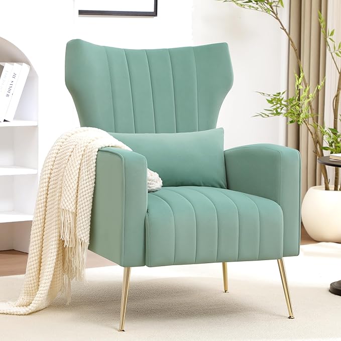 Accent Chairs Set of 2,Upholstered Living Room Chairs,High Back Arm Chairs with Metal Legs Lumbar Reading Chairs for Living Room,Bedroom, Apartment Lake Green