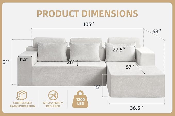 Homguava Modular Sectional Couches for Living Room,105" Cloud Couch with L-Shape Chaise,Comfy Sofa Living Room Couch with Deep Seat,No Assembly L Couch,Luxury Distressed Velvet(Begie,R)