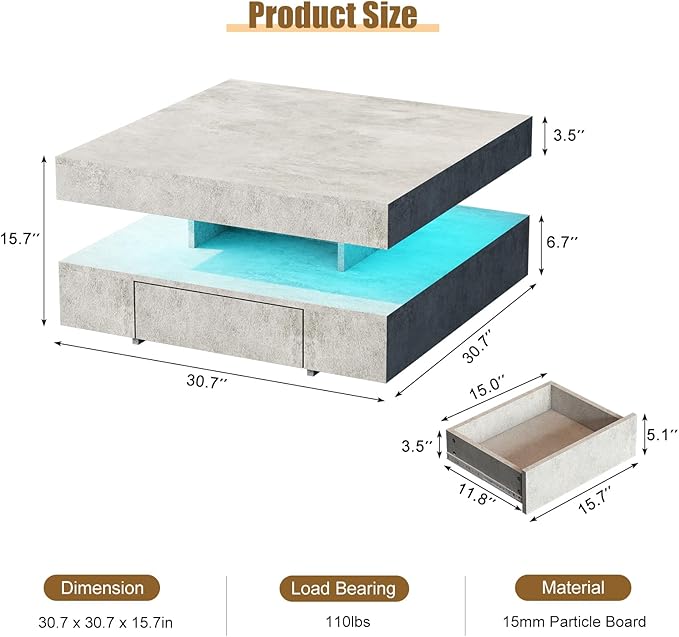 Grey LED Coffee Table with 2 Storage Drawers for Living Room Square Center Middle Table Modern Cocktail Table with Light 2-Tier Tea Tables Contemporary Mid Century Wood Home Office Waiting Room