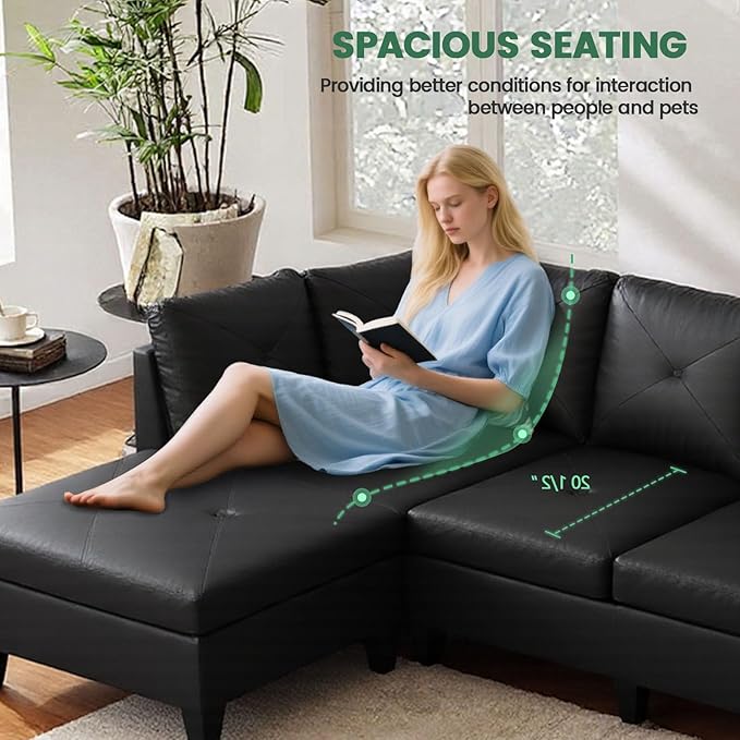 Sectional Couches for Living Room Furniture Sets, 4 Seat L Shaped Couches with Ottoman, Modular Sectional Sofa for Apartment Furniture Sets, Black