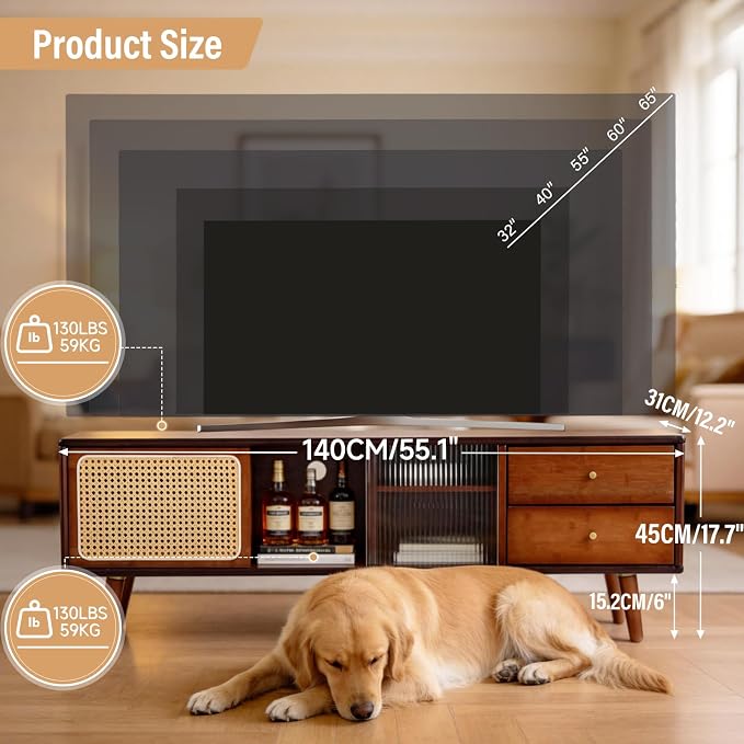 Tiita Rattan TV Stand for 55 65 Inch TV, Bamboo TV Cabinet with 2 Drawers, Boho Entertainment Center with Adjustable Shelf, Mid Century Modern Media Console for Bedroom, Living Room, Walnut - Image 2