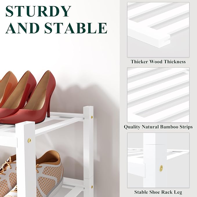 Smiry Shoe Rack, 4 Tier Small Bamboo Shoe Organizer, Stackable Free Standing Wooden Shoe Storage Shelf for Closet, Entryway, Front Door Entrance, White - Image 3
