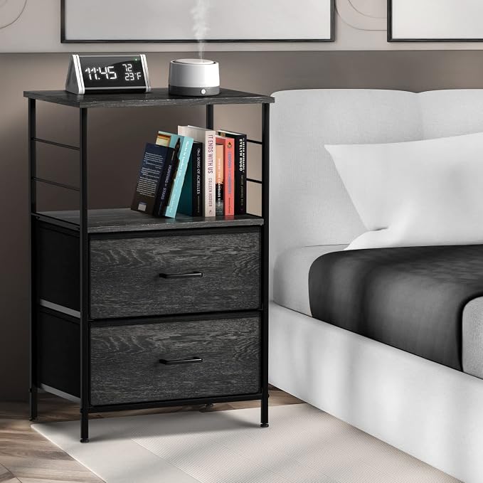 Sorbus Nightstand Dresser with 2 Faux Wood Drawers - Bedside Table Chest with Storage - Bedroom, Living Room, Closet & Dorm Furniture-Lamp Stand - Steel Frame, Wood Top, Easy Pull Fabric Bins - Image 7