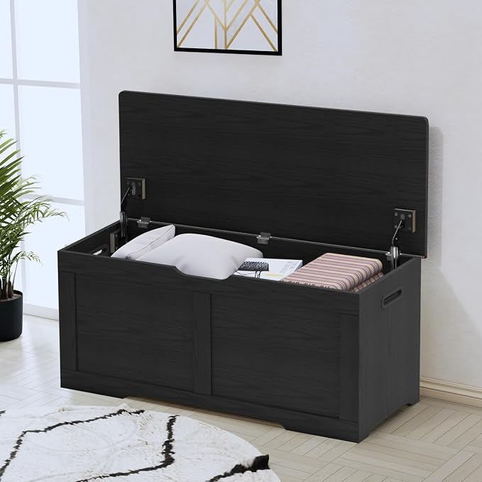 Timberer 39.4" Storage Chest, Wooden Storage Bench, Lift Top Toy Chest with 2 Safety Hinges, Large Toy Box, Entryway Bench for Living Room, Bedroom, Black - Image 5