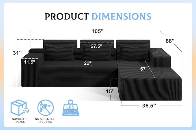 Homguava Modular Sectional Couches for Living Room,105" Cloud Couch with L-Shape Chaise,Comfy Sofa Living Room Sofas with Deep Seat,No Assembly L Couch,Corduroy Fabric(Black,R)