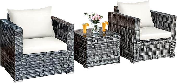 Tangkula 3 Pieces Patio Furniture Set, PE Rattan Wicker Sofa Set w/Washable Cushion and Tempered Glass Tabletop, Outdoor Conversation Furniture for Garden Poolside Balcony