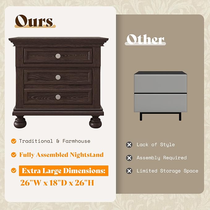 AMERLIFE Fully Assembled Nightstand Set of 2, Solid Wood End Table with 2 Storage Drawers, 26" Extra Large Traditional Bedside Cabinet for Bedroom, Dark Brown - Image 6