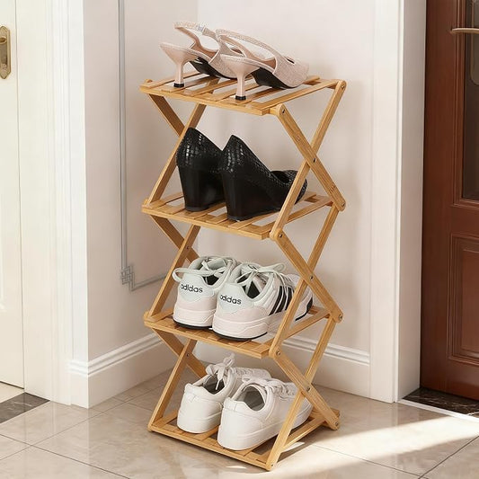 Bamboo Shoe Rack 4 Tier Foldable Shoe Rack Vertical Bamboo Shoe Organizer Free Standing Shelf for Entryway, Closet, Bedroom, Wood Color by Fengzhizhu