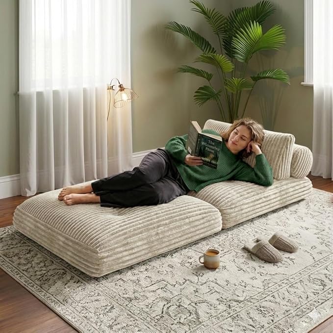 Plush Corduroy Folding Sofa Bed, Free Setup Floor Beds, 34" Boneless Couch for Small Spaces, Corner Chair, Convertible Sleeper Chair, Corner Couch, Foldable Sleeper Sofa Beds, Beige