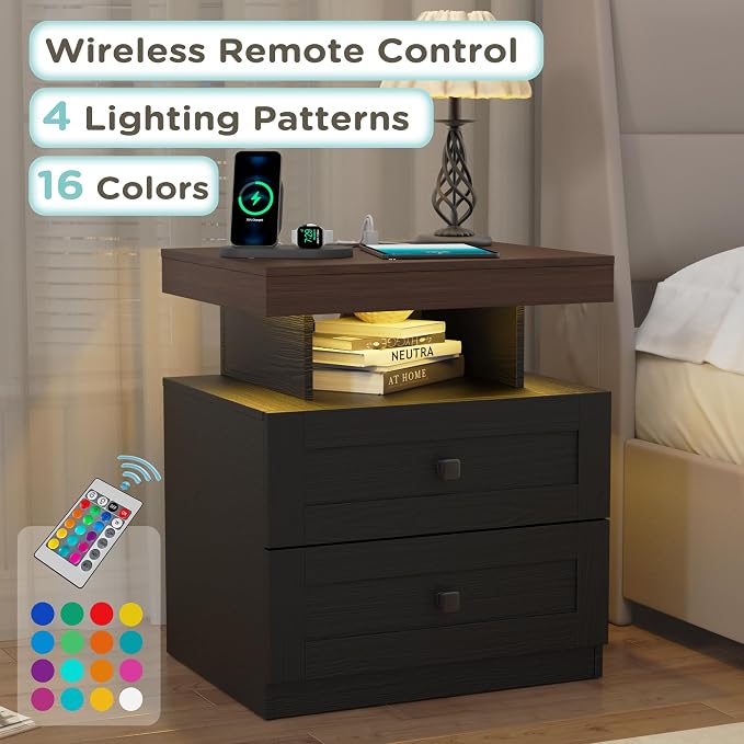 MHOM Farmhouse LED Nightstand Set of 2, Wood Bedroom Side Table with Charging Station, Rustic End Table with Drawers for Bedroom, Antique Black - Image 7