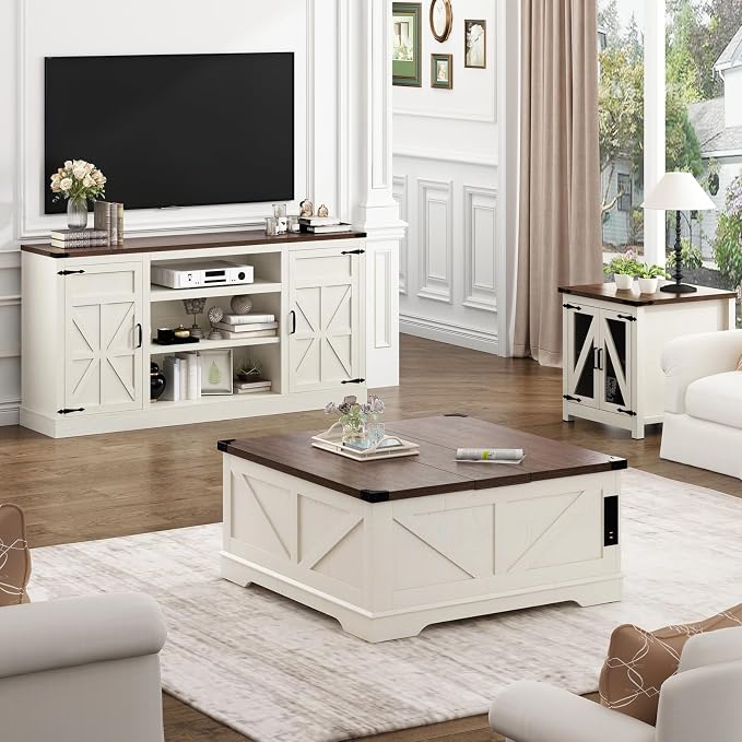 Hlivelood 66" Farmhouse TV Stand with Power Outlets for 75 Inch TVs, 33" Tall Entertainment Center with Storage Cabinets w/Adjustable Shelves, Rustic Large TV Media Console, Rustic White - Image 6