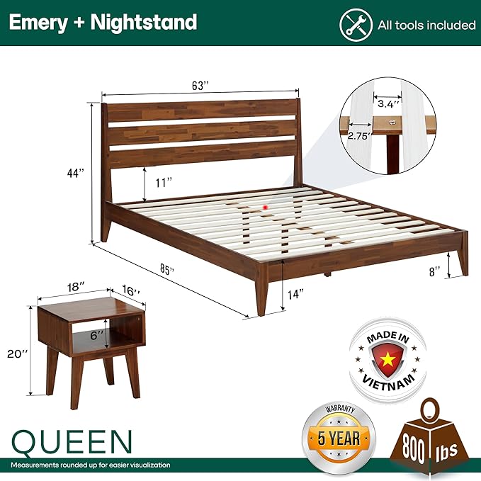 Acacia Emery Queen Solid Wood Platform Bed Frame with Headboard – Gift Matching Nightstand Included, Farmhouse Mid-Century Modern, Walnut Finish, Sturdy, No Box Spring Needed, Easy Assembly
