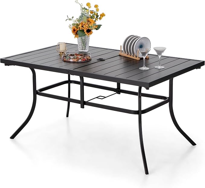 PHI VILLA 6-Person Outdoor Metal Steel Slat Dining Rectangle Table with Adjustable Umbrella Hole, Weather-Resistant for Patio Outdoor Use, Black by PHIVILLA