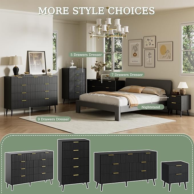 LYNSOM Fluted Dresser and Nightstand Sets 3 Piece, 7-Drawers Dresser and 1-Drawer Nightstands Set of 2, Wood Bedroom Furniture Set for Home, Bedroom, Hallway, Black