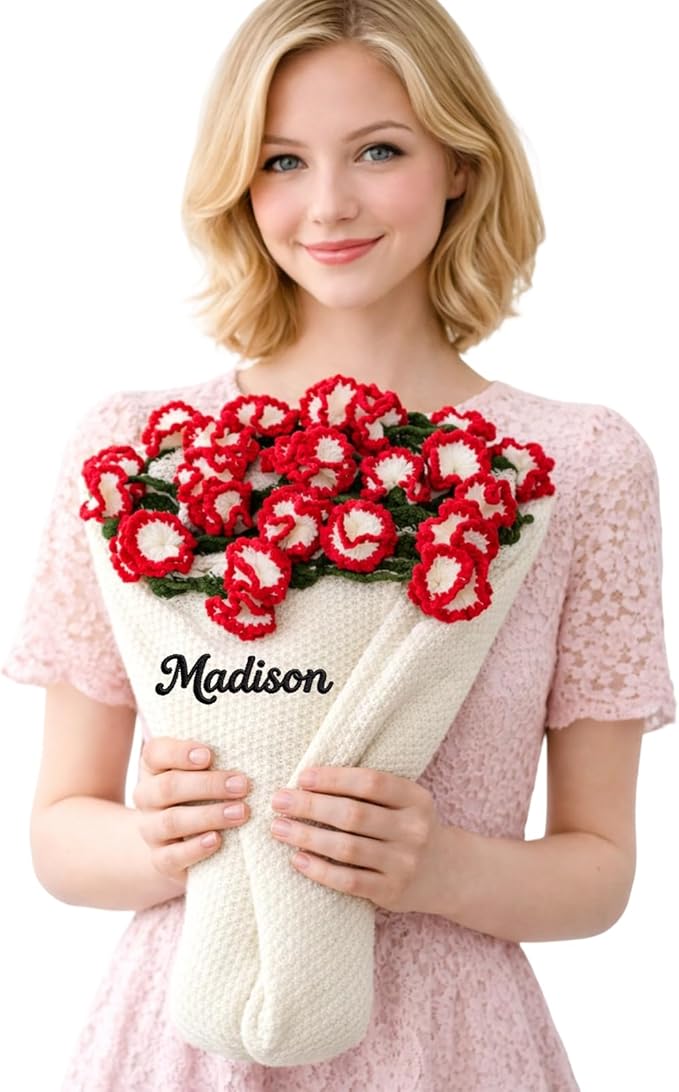 Personalized Handmade Crochet Rose Flower Blanket Bouquet – Custom Name Gift for Mother's Day, Valentine’s Day, Mom or Girlfriend（Carnations）